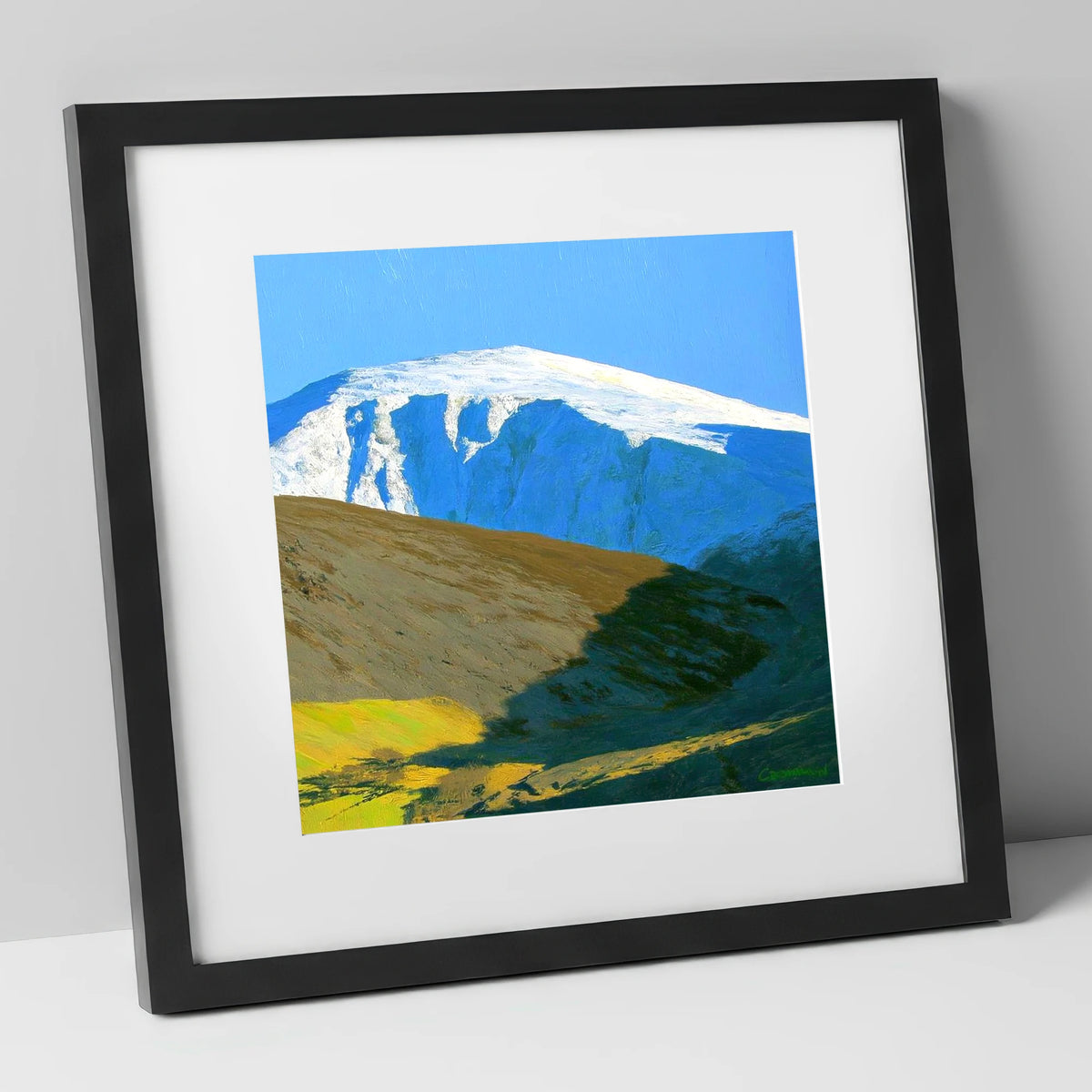 Sunlight on Snow Capped Raise lake district fell art print in black frame