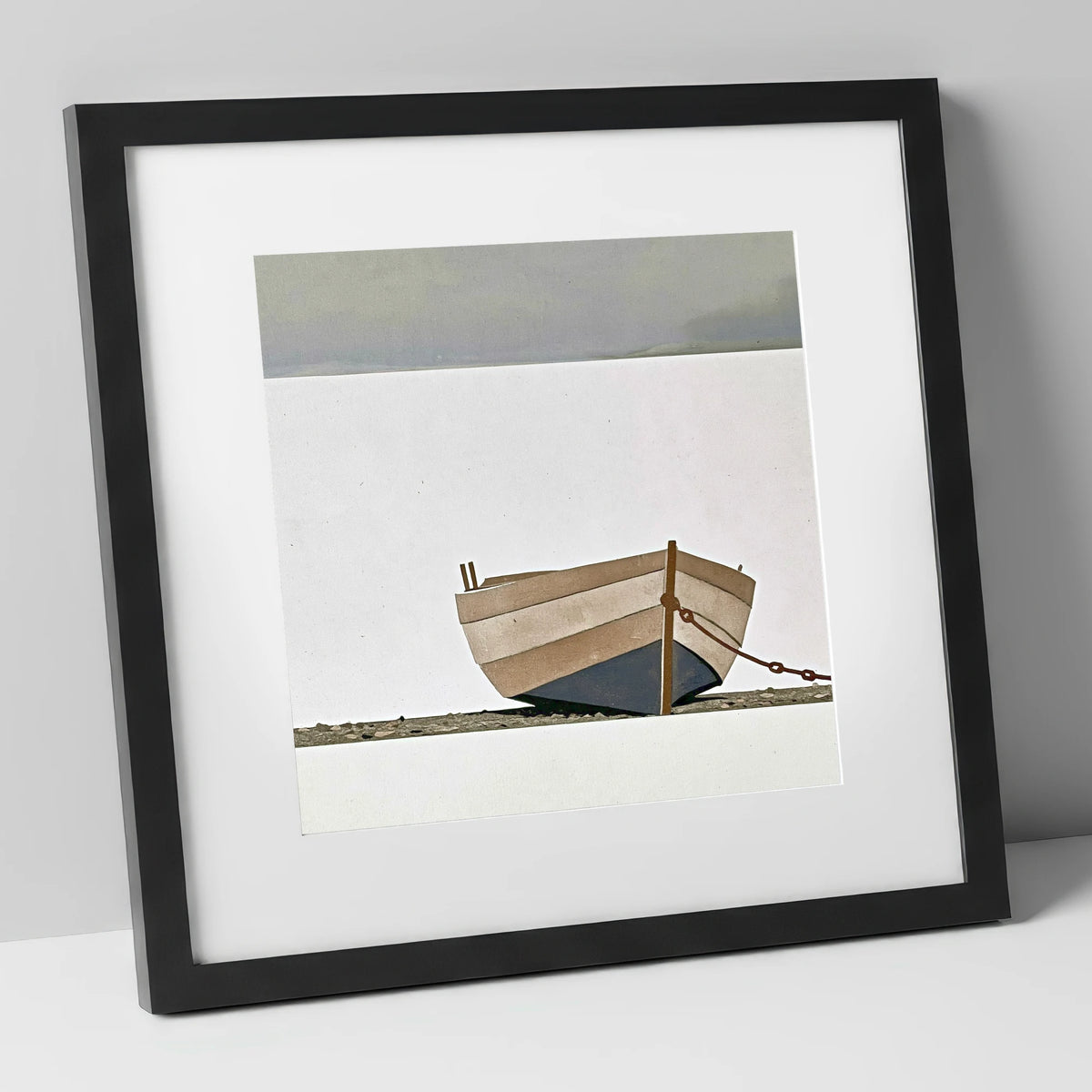 Grounded Clinker Boat Windermere lake district lake art print in black frame