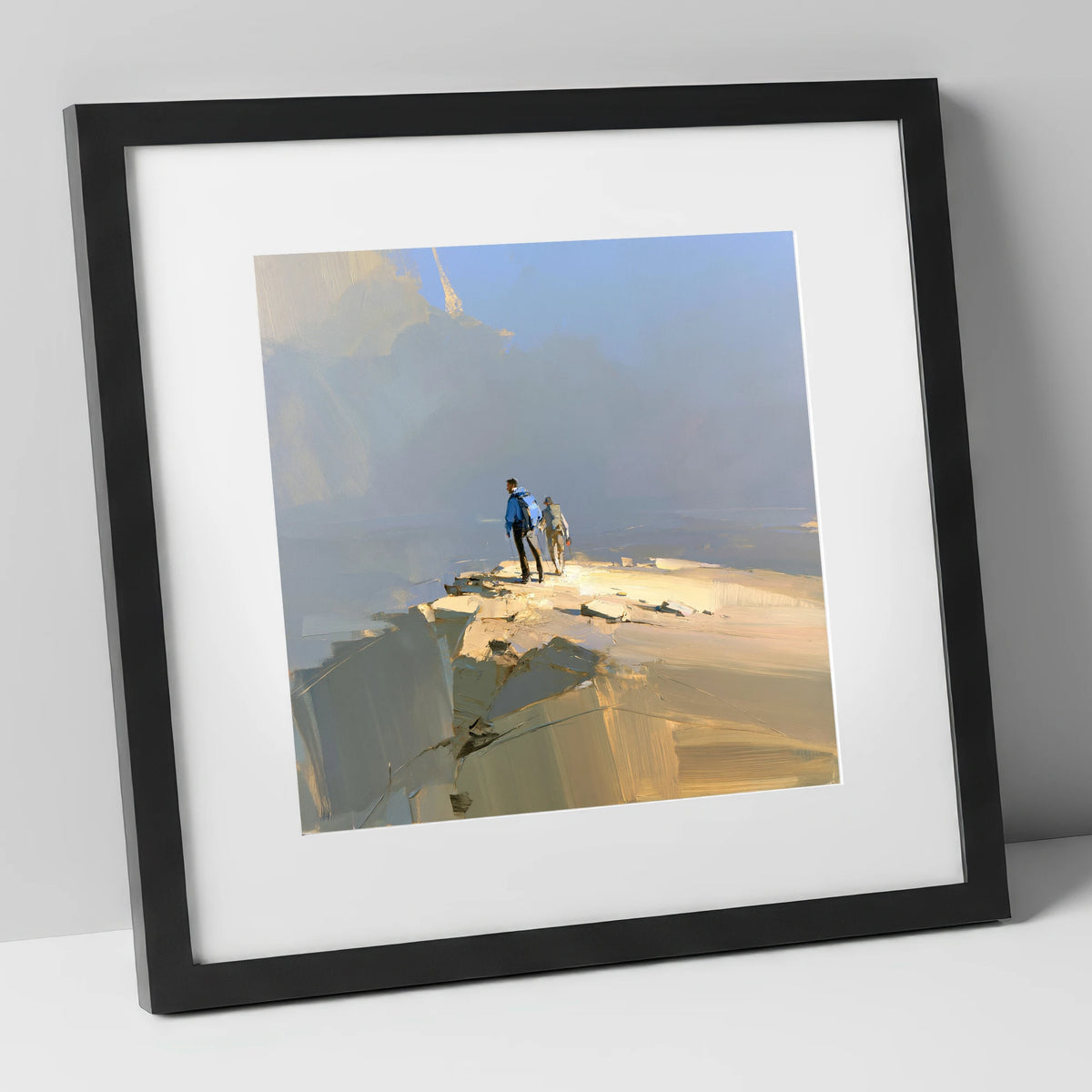 Hikers on Sunlit Fell Summit lake district fell art print in black frame