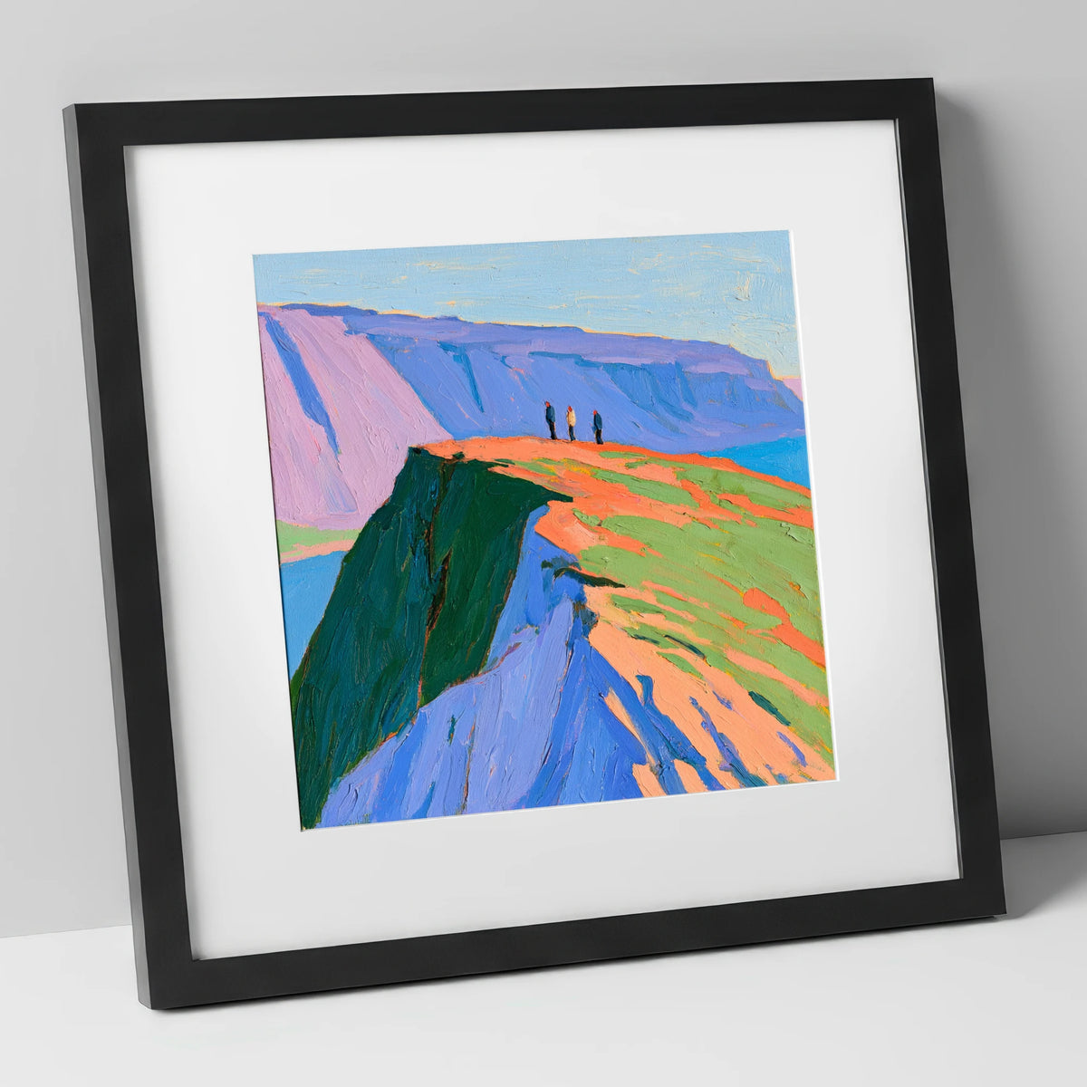 Hikers on a Vibrant Fell Top lake district fell art print in black frame