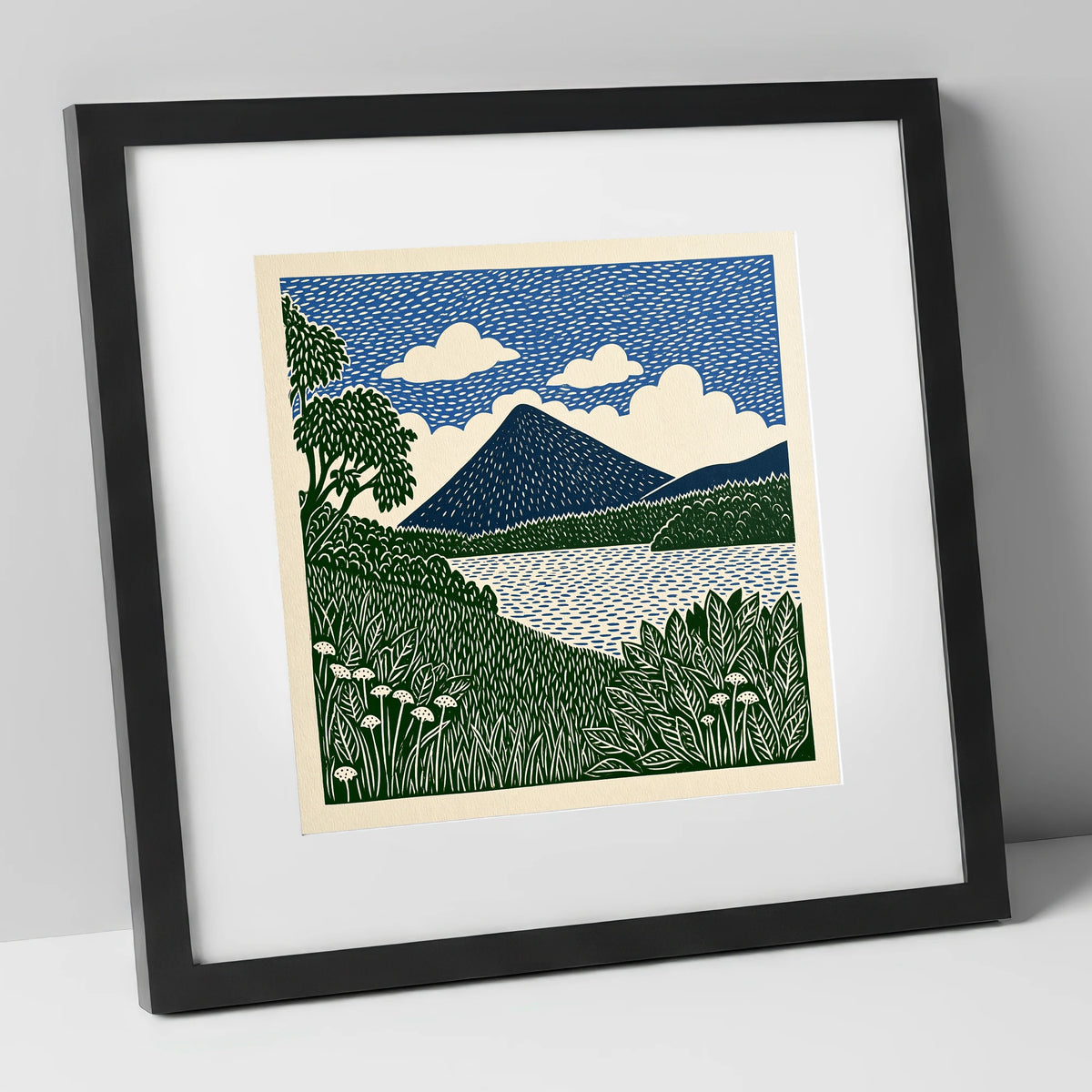 Catbells Peak in Deep Blue lake district fell art print in black frame