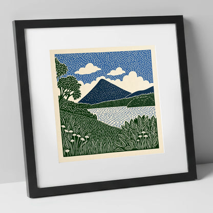 Catbells Peak in Deep Blue lake district fell art print in black frame