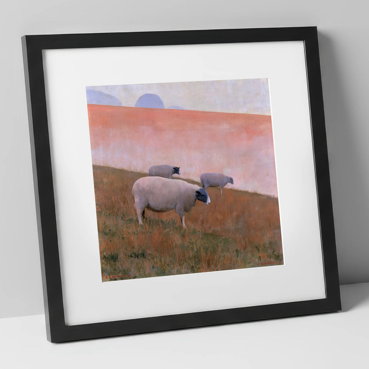 Herdwick Sheep on Pastel Fellside lake district wildlife art print in black frame