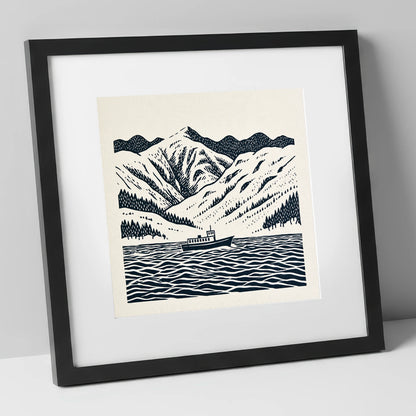 Ullswater Steamer in Deep Navy lake district lake art print in black frame