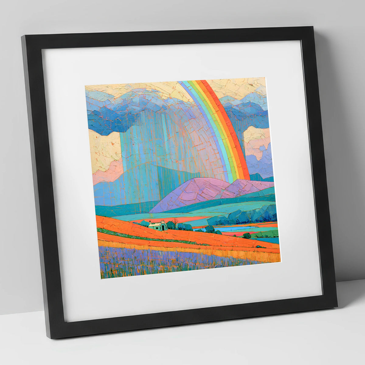 Lakeland Cottage Beneath Vivid Rainbow lake district sky art print in black frame