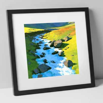 Cobalt Blue Fellside Beck lake district waterfall art print in black frame