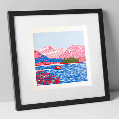 Derwentwater Boat and Pink Fells lake district lake art print in black frame