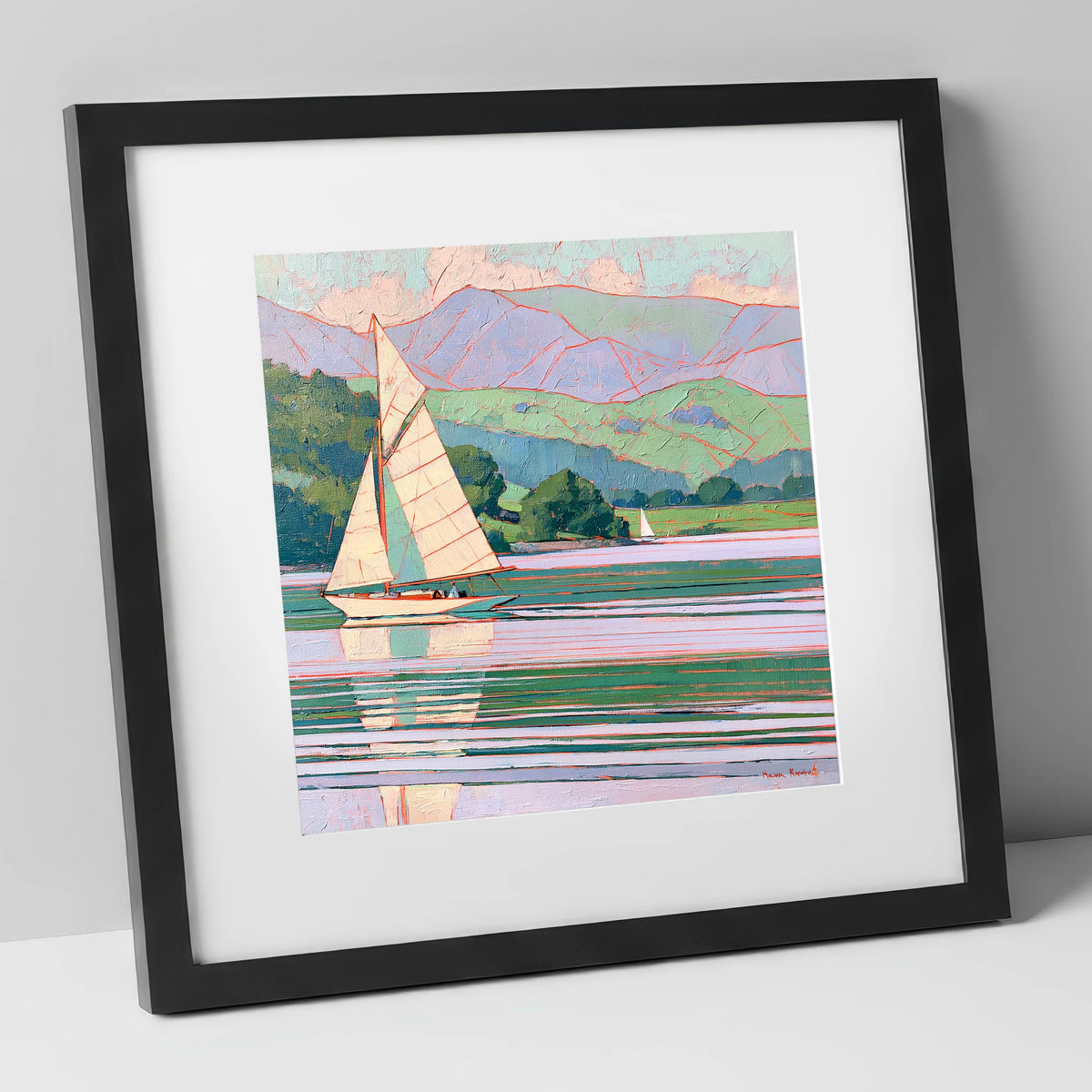 Breezy Sailing on Pastel Waters lake district walking art print in black frame