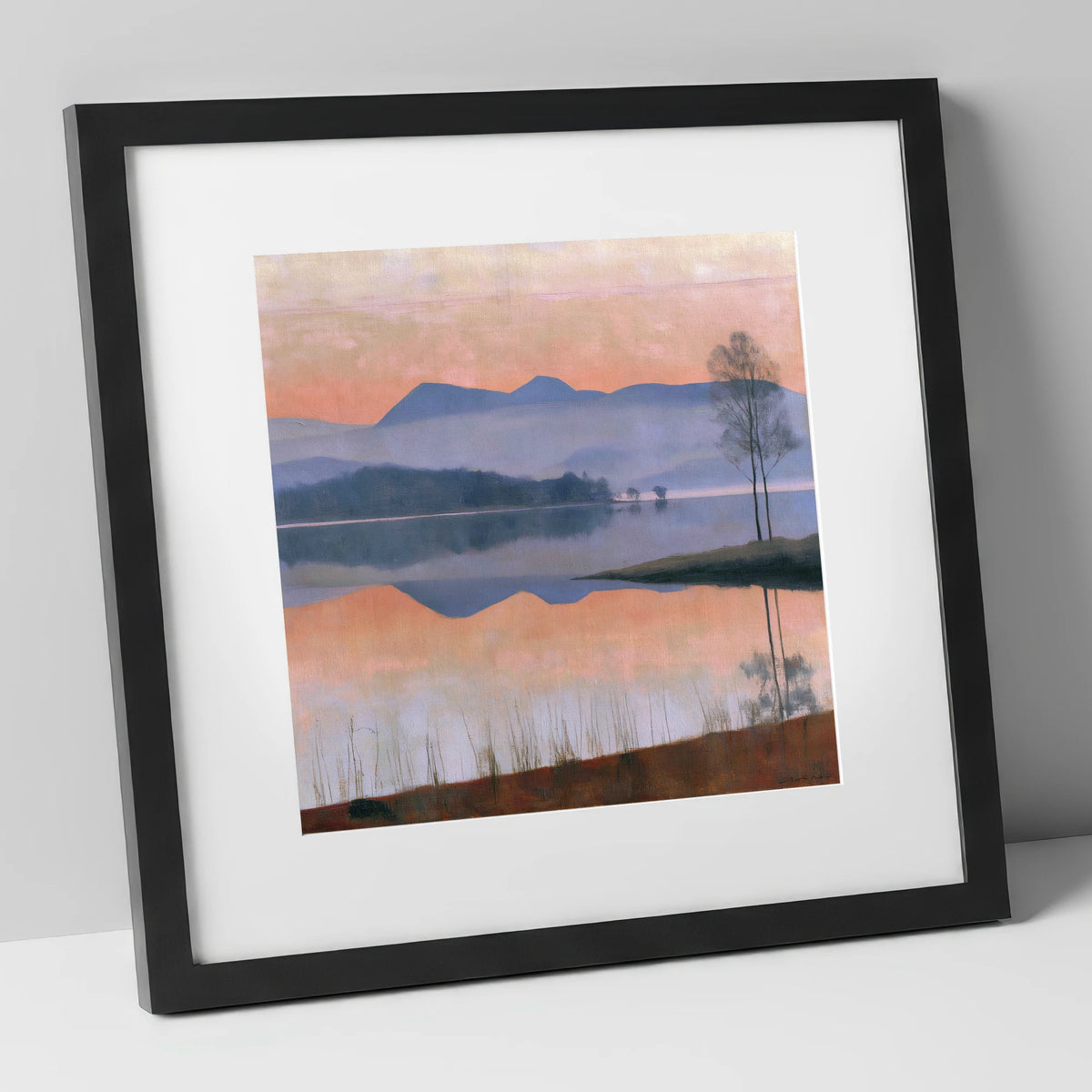 Still Lake at Pastel Dawn lake district lake art print in black frame