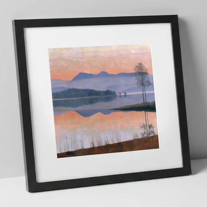 Still Lake at Pastel Dawn lake district lake art print in black frame