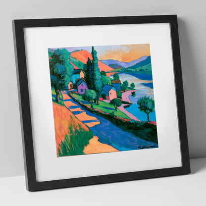 Vibrant Lakeside Village at Sunset lake district village art print in black frame