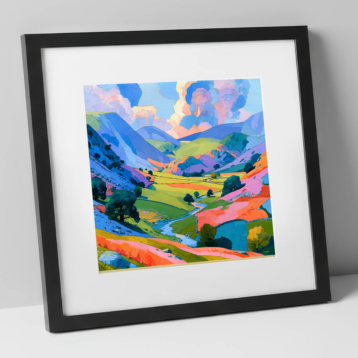 Lavender Fells and Valley Beck lake district valley art print in black frame