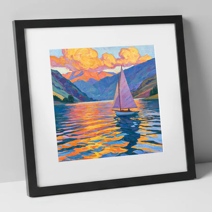 Sailing the Lake at Golden Hour lake district walking art print in black frame
