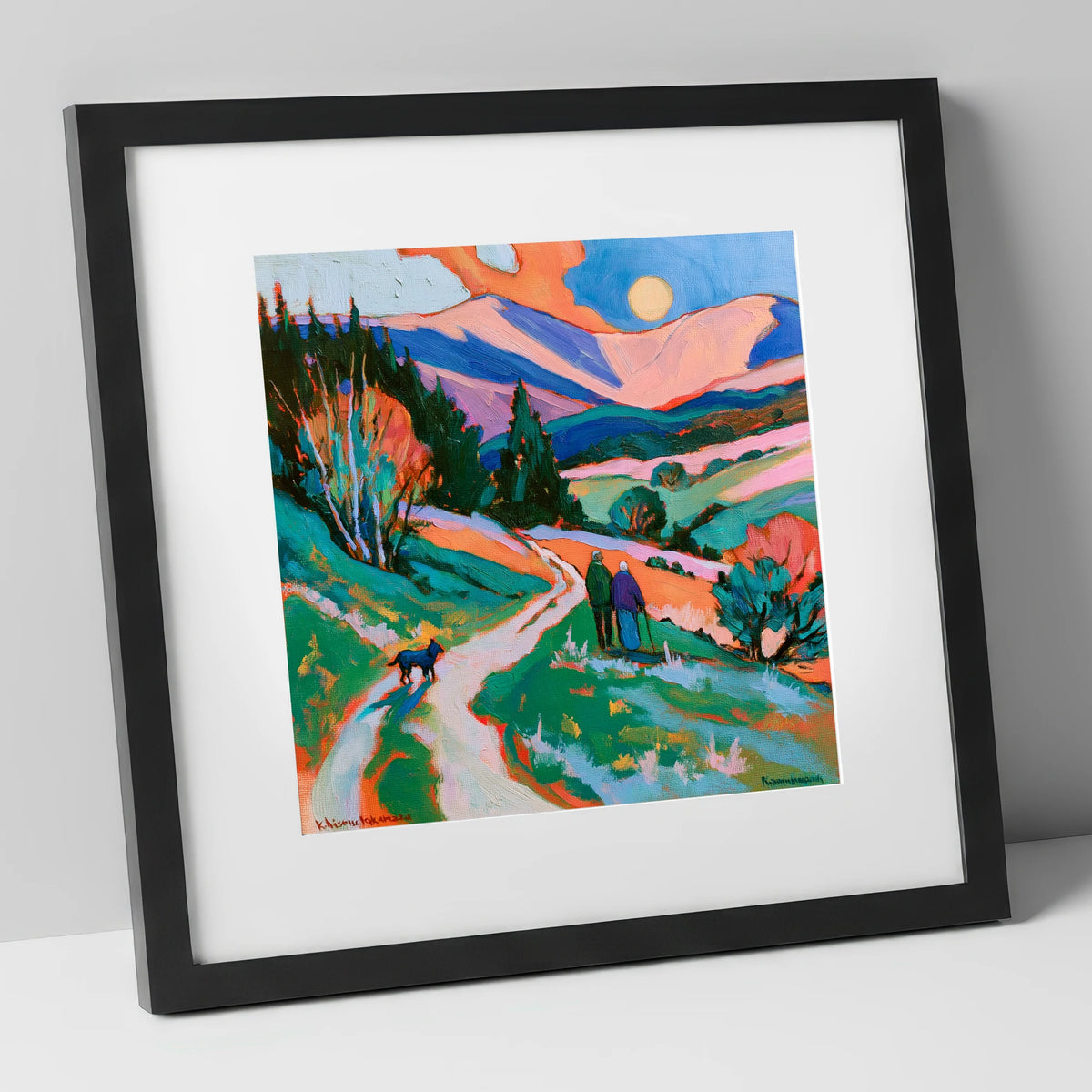 Colourful Keswick Dog Walk gifts for dog walkers art print in black frame