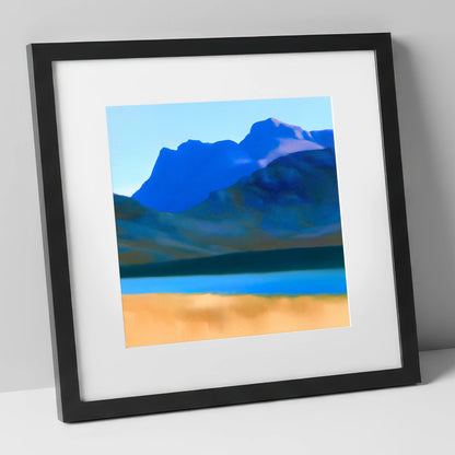 Bold Blue Langdale Pikes lake district fell art print in black frame
