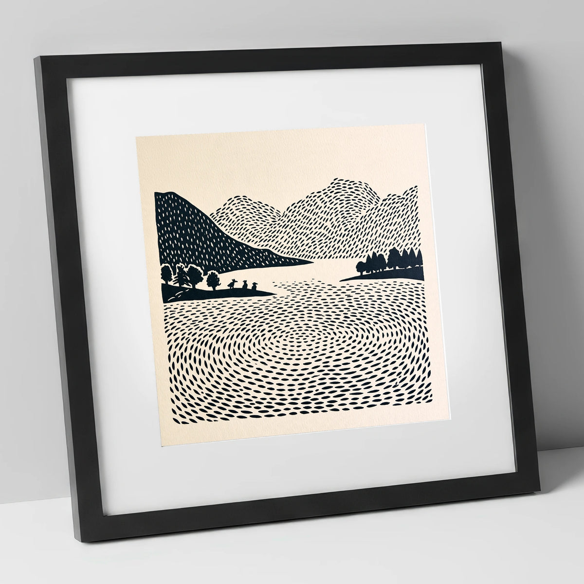 Graphic Grasmere Lake and Fells lake district lake art print in black frame