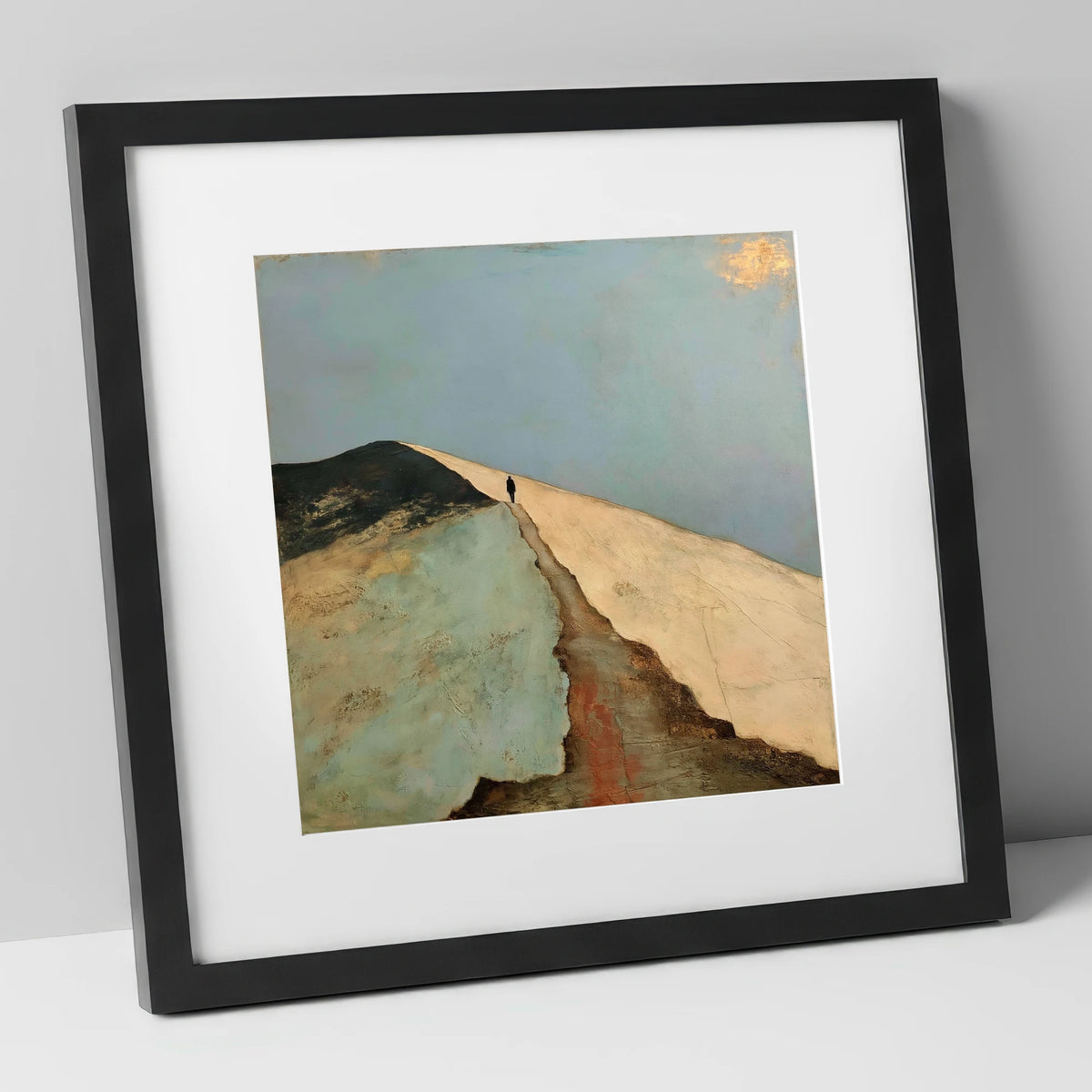 Silhouetted Walker on Striding Edge lake district walking art print in black frame
