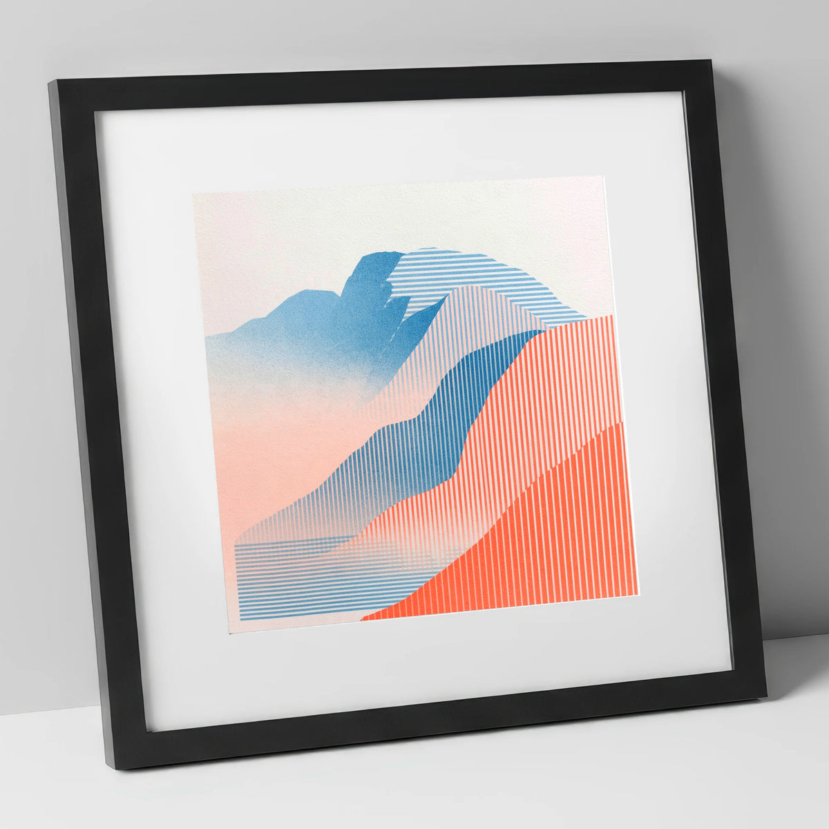 Geometric Scafell Pike in Coral lake district fell art print in black frame