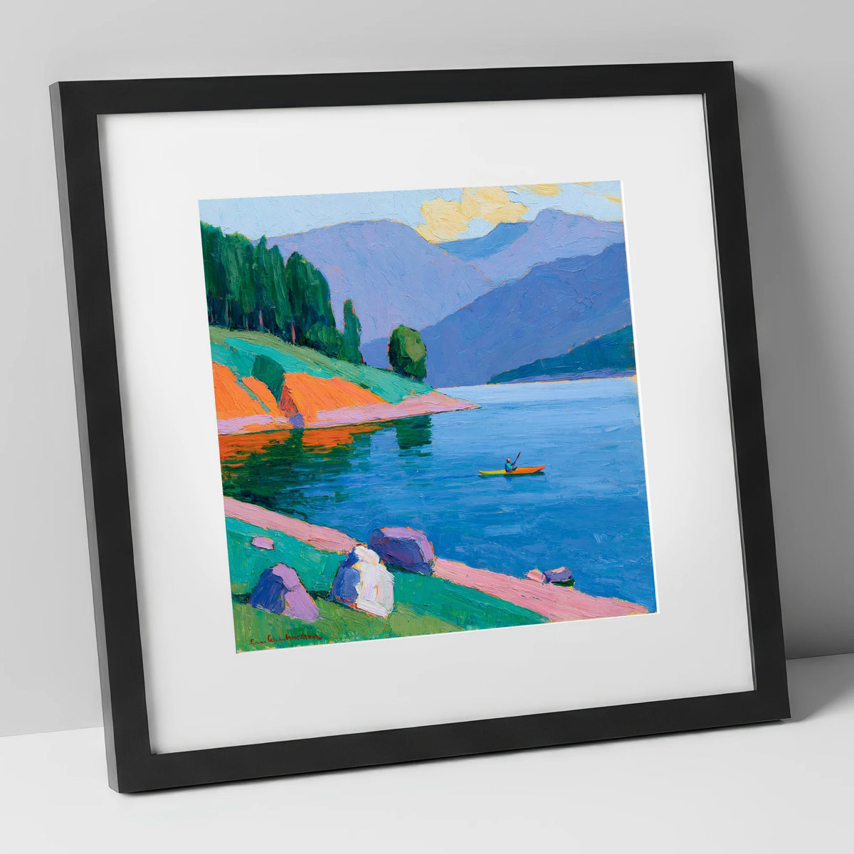 Vivid Kayaker on the Lake lake district walking art print in black frame