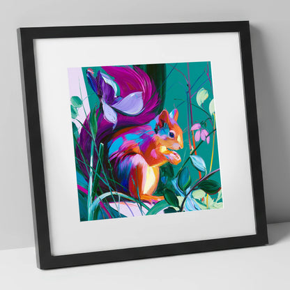 Vibrant Red Squirrel in Woodland lake district wildlife art print in black frame