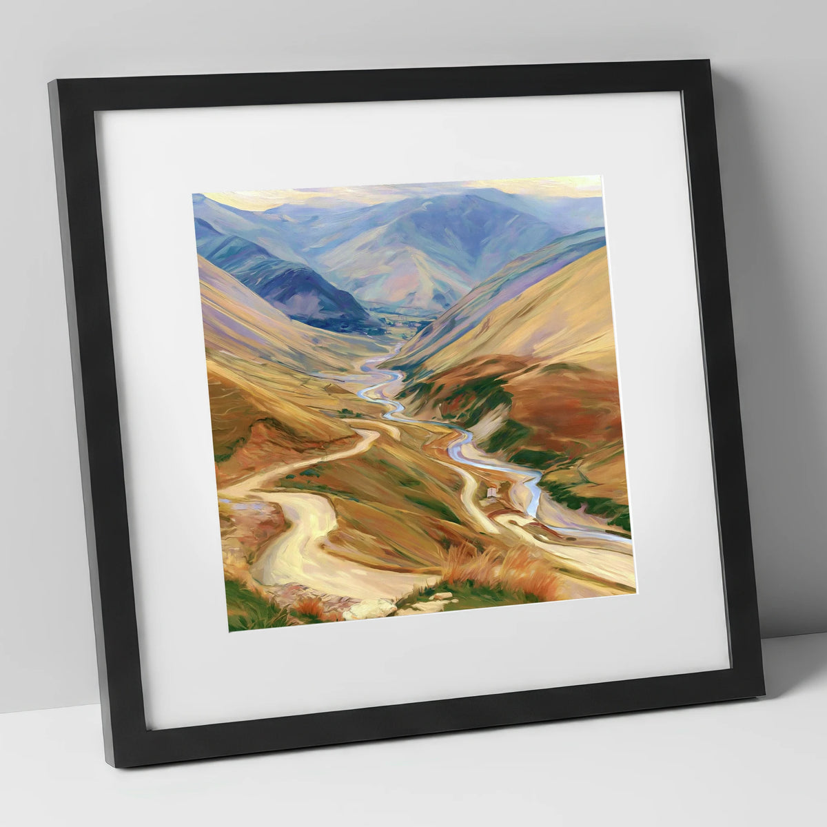 Winding Mountain Pass and Beck lake district valley art print in black frame
