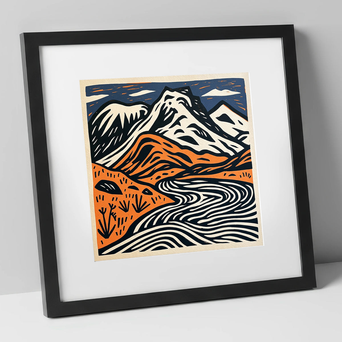 Bowfell in Navy and Terracotta lake district fell art print in black frame