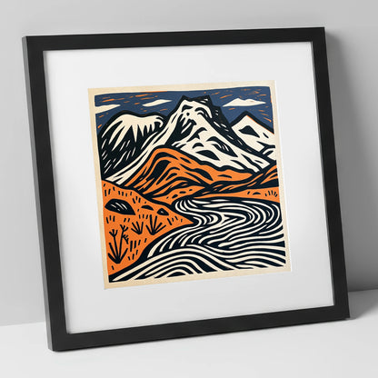 Bowfell in Navy and Terracotta lake district fell art print in black frame