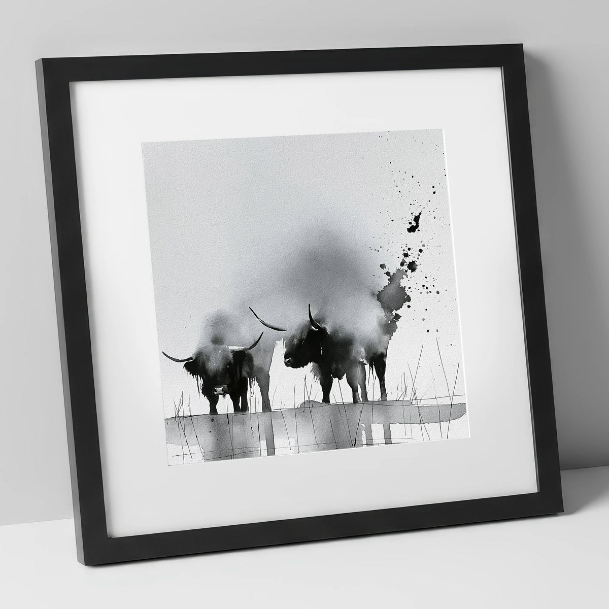 Abstract Monochrome Highland Cattle lake district wildlife art print in black frame