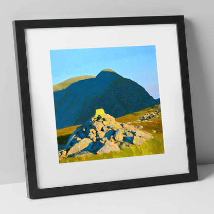 Sunlit Cairn Below Brandreth Peak lake district fell art print in black frame