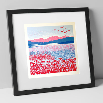Red Reeds Over Coniston Water lake district lake art print in black frame