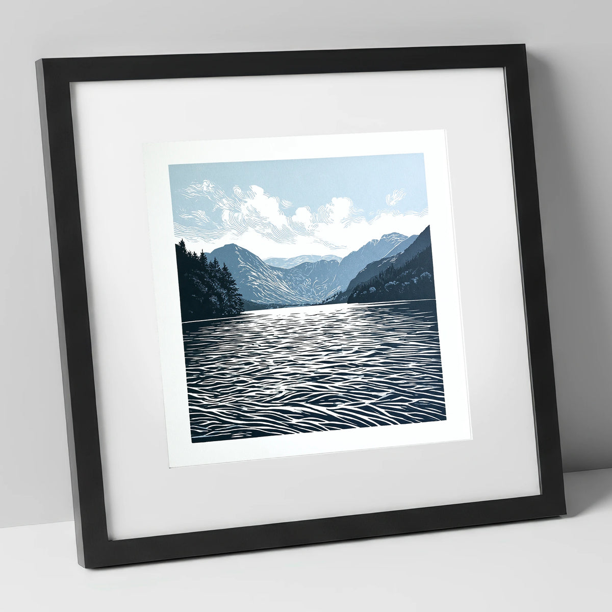 Crummock Water in Deep Navy lake district lake art print in black frame