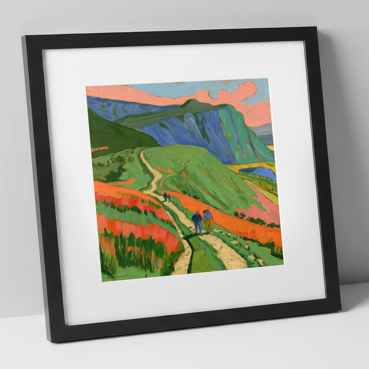 Vivid Mountain Path Walkers lake district walking art print in black frame