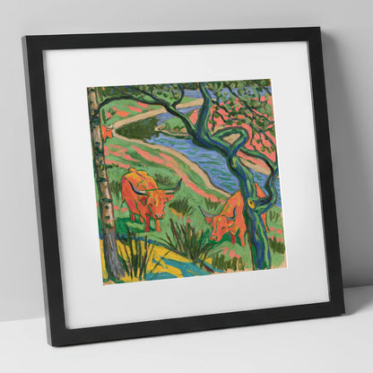 Vibrant Highland Cattle by the Beck lake district wildlife art print in black frame
