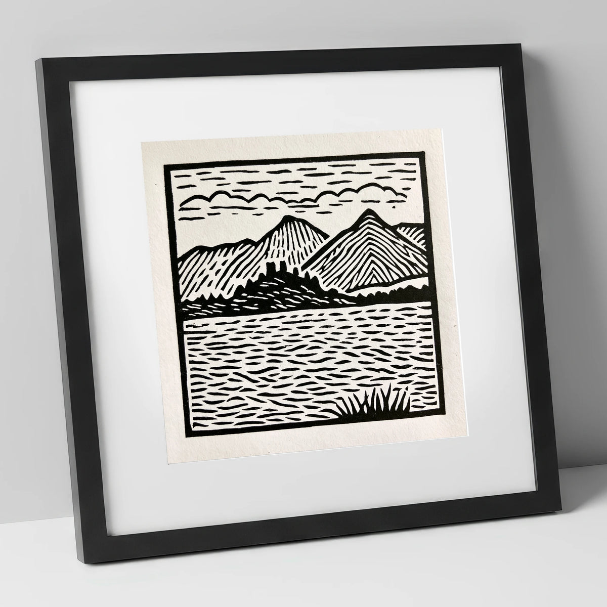 Monochrome Derwentwater Fells lake district lake art print in black frame