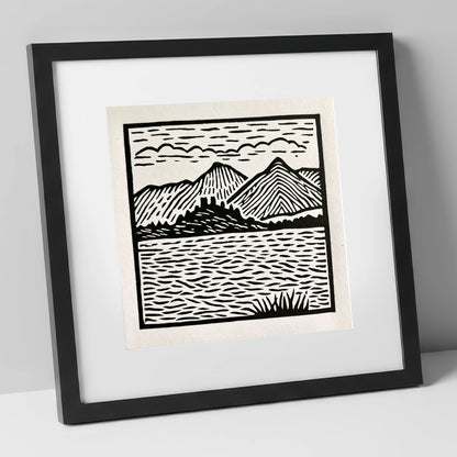 Monochrome Derwentwater Fells lake district lake art print in black frame