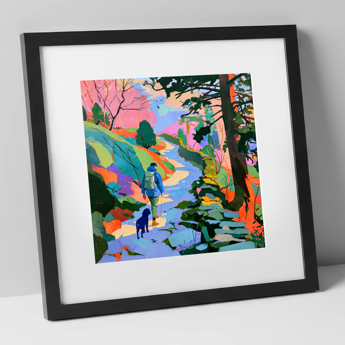 Colourful Hawkshead Dog Walk gifts for dog walkers art print in black frame