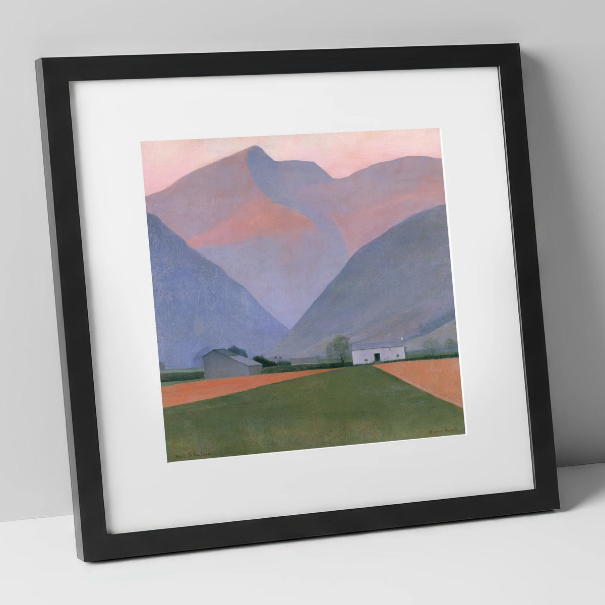 Valley Farm Beneath Pastel Fells lake district valley art print in black frame