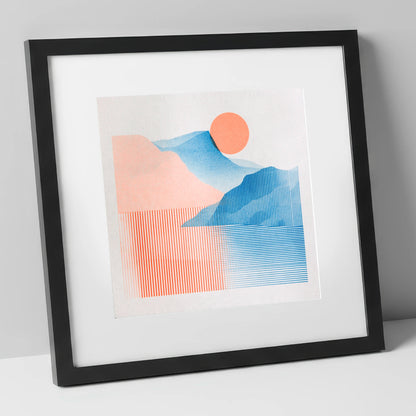 Geometric Derwentwater Sunrise lake district lake art print in black frame