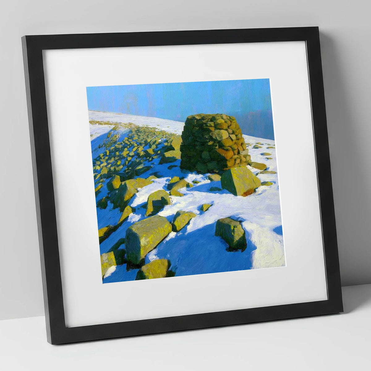 Stony Cove Pike Winter Cairn lake district fell art print in black frame