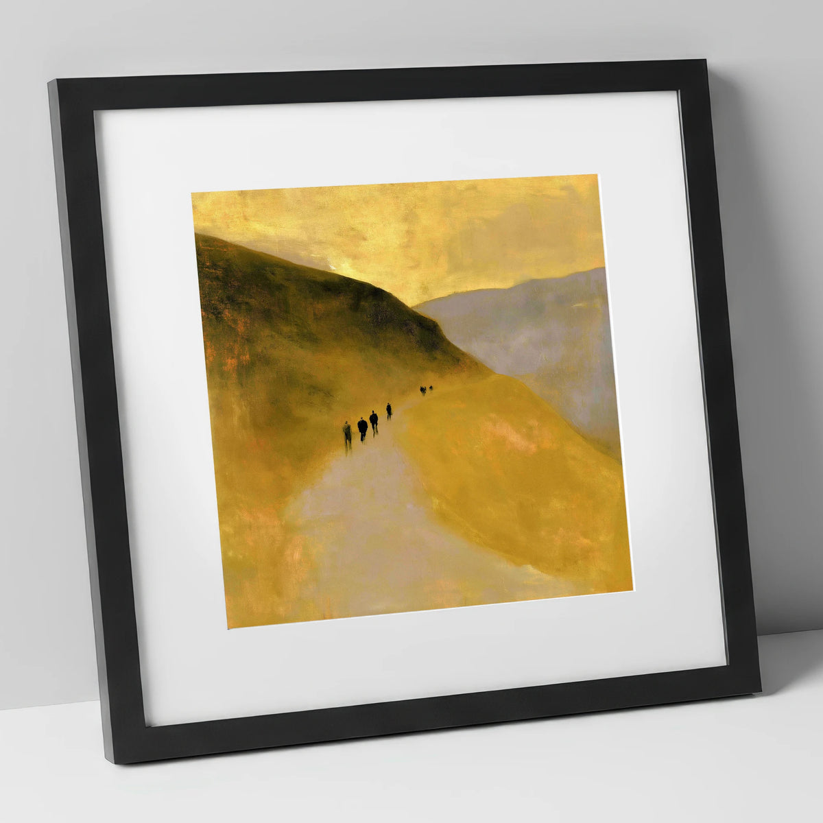 Walkers on a Golden Fell Path lake district walking art print in black frame