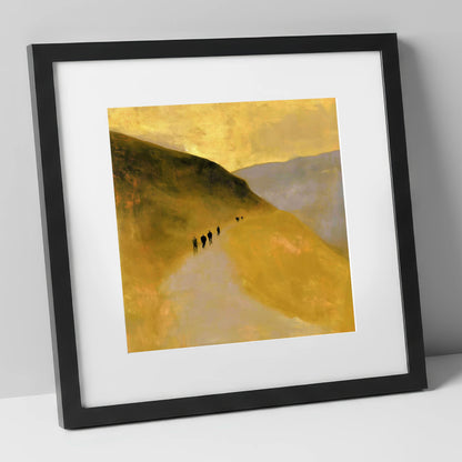 Walkers on a Golden Fell Path lake district walking art print in black frame