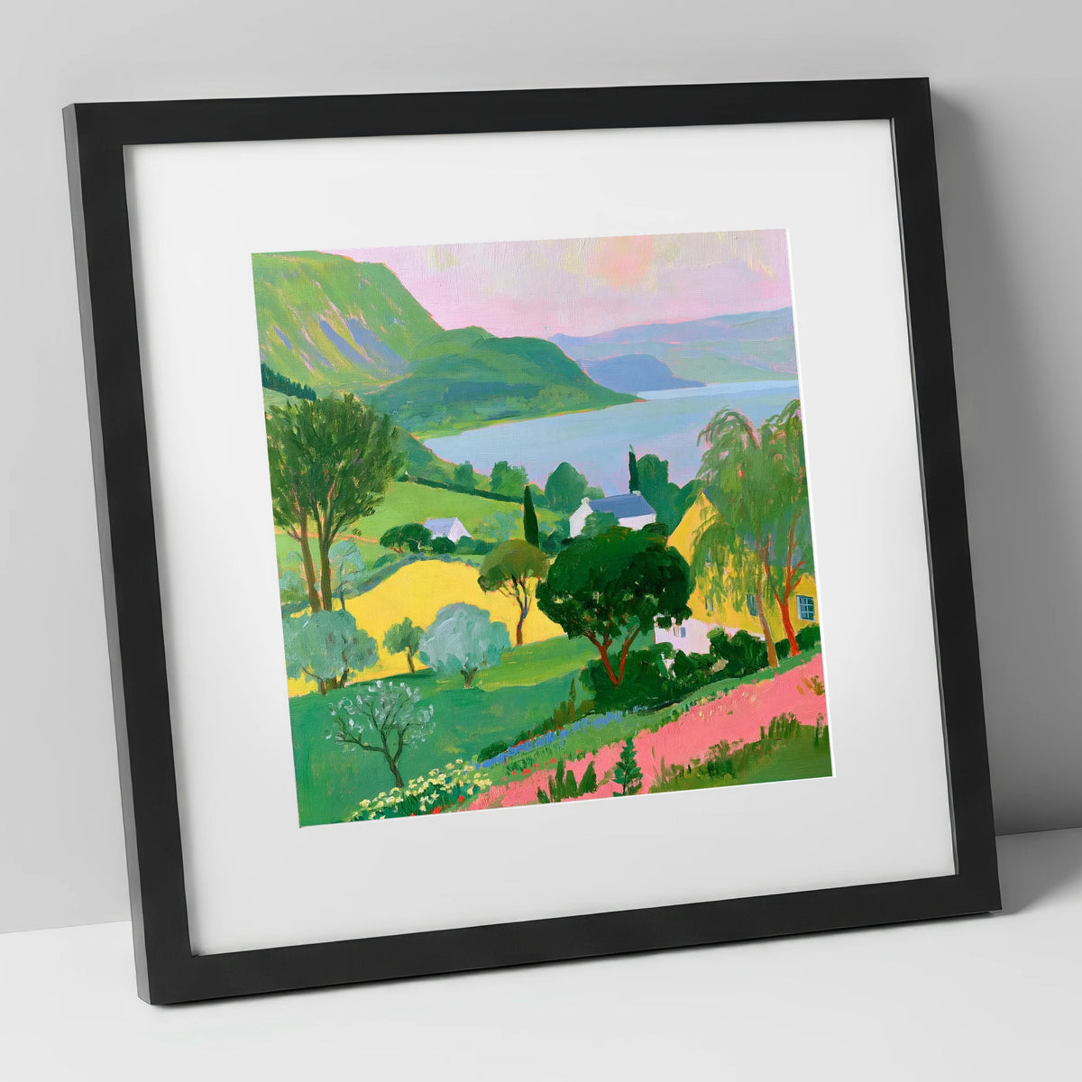 Vibrant Summer Lake and Fells lake district lake art print in black frame