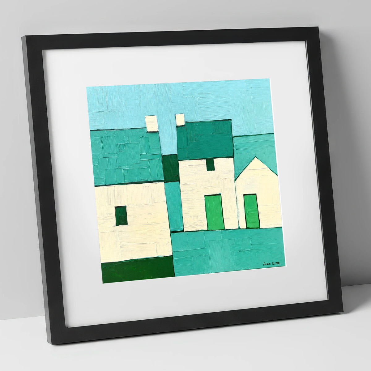 Modern Slate Roofed Cottages lake district village art print in black frame