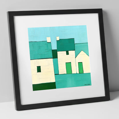 Modern Slate Roofed Cottages lake district village art print in black frame