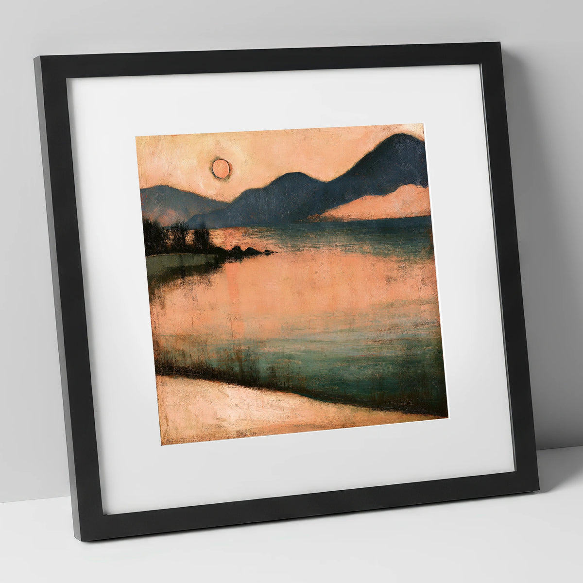 Terracotta Sunset Over Lakeland Water lake district lake art print in black frame