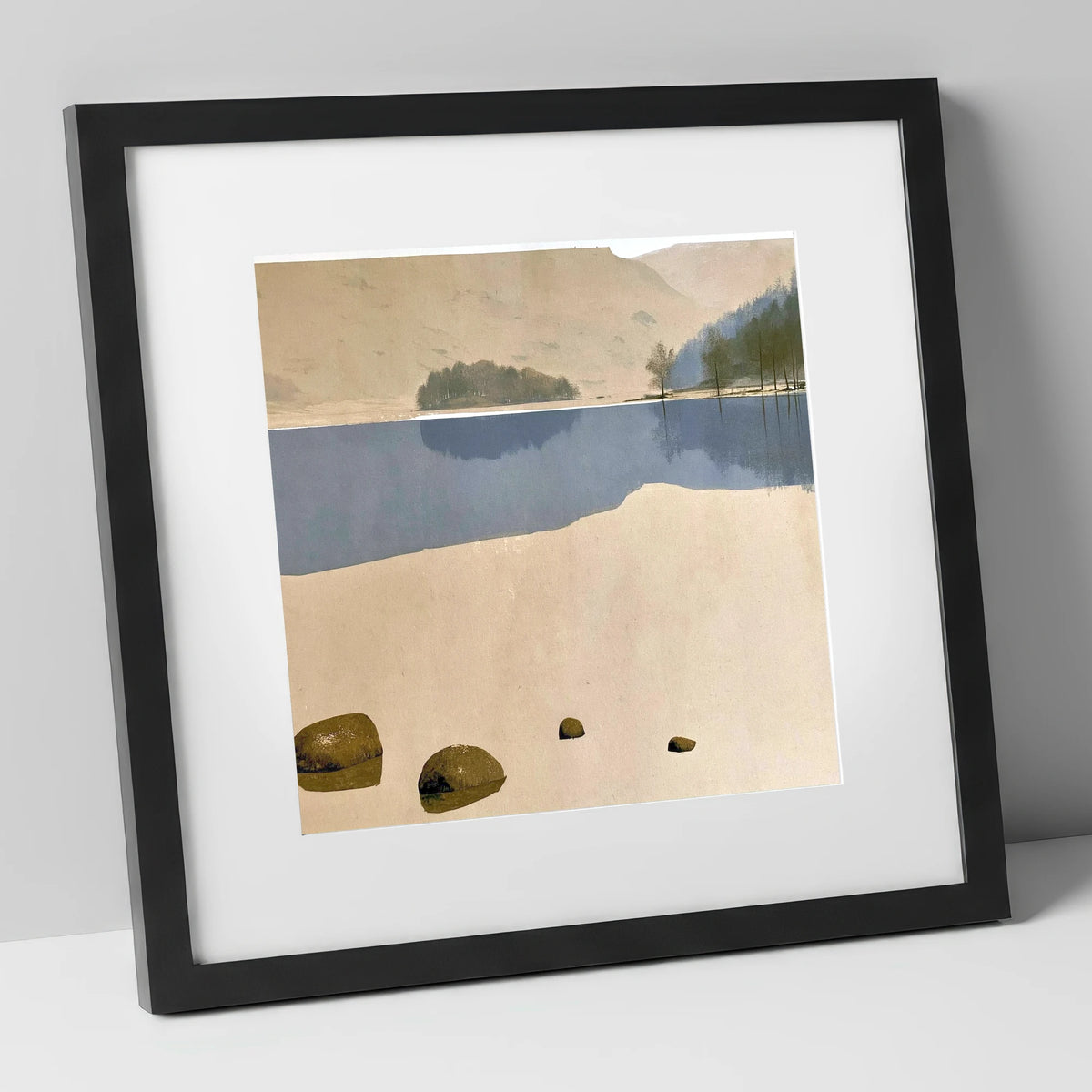 Mossy Boulders at Rydal Water lake district lake art print in black frame