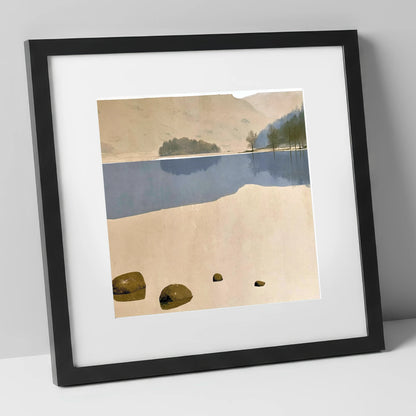 Mossy Boulders at Rydal Water lake district lake art print in black frame