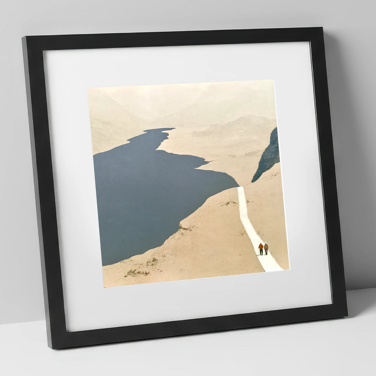 Walkers on a White Mountain Path lake district walking art print in black frame