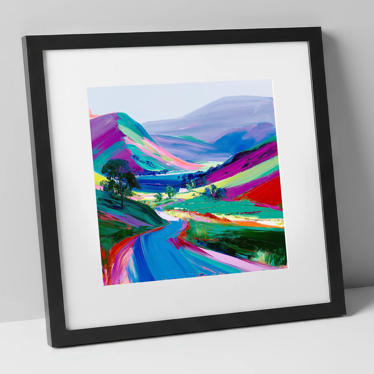 Vibrant Rolling Fells and Valley lake district fell art print in black frame