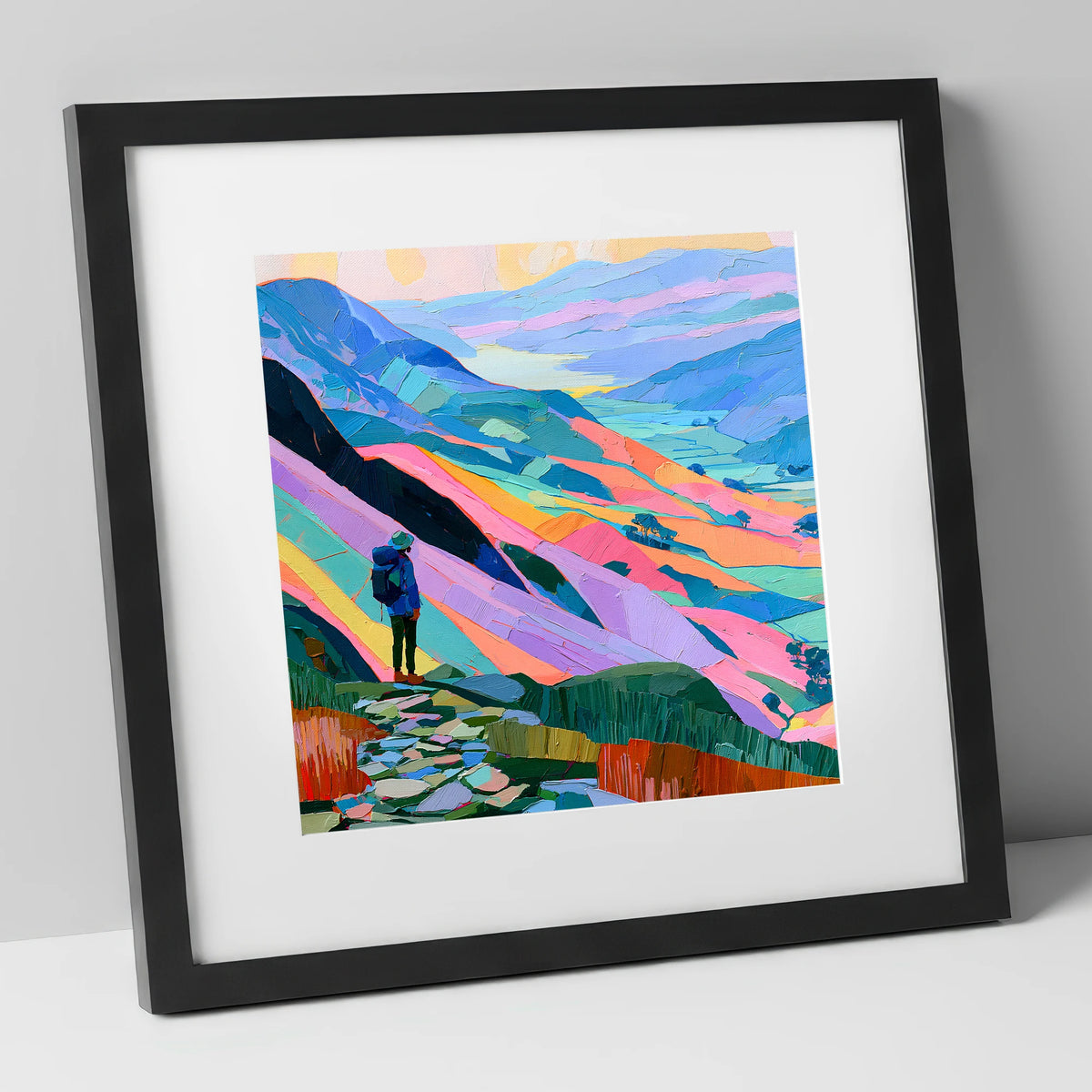 Vibrant Lake District Summit View lake district fell art print in black frame